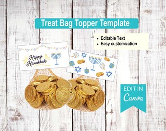 Happy Hanukkah | Editable Treat Bag Top Templates |  Canva Editable