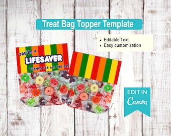 You're A Life saver- Appreciation | Editable Treat Bag Top Templates | Canva Editable