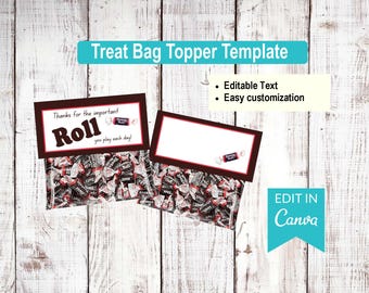 Thanks for your Roll- Tootsie Rolls - Appreciation | Editable Treat Bag Top Templates | Canva Editable