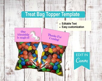 Unicorn - Birthday | Editable Treat Bag Top Templates |  Canva Editable