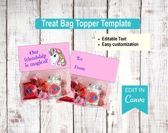 Our friendship is magical - Unicorn - Valentines Day | Editable Treat Bag Top Templates | Canva Editable