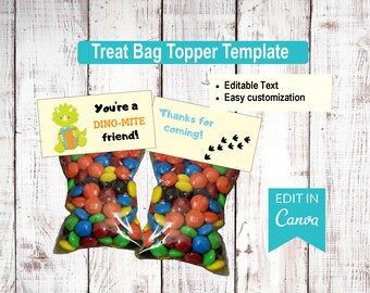 Dinosaur - Birthday | Editable Treat Bag Top Templates |  Canva Editable
