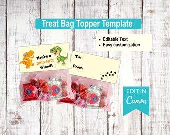 You're a Dino-mite friend - Dinosaur - Valentines Day | Editable Treat Bag Top Templates | Canva Editable