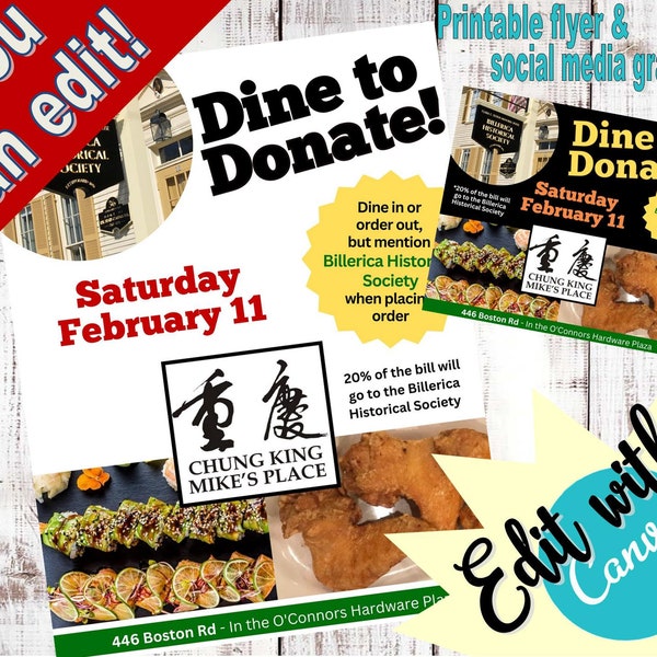 Dine to donate fundraiser  -  Promotional Flyer & Social Media Graphic