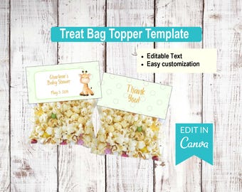 Giraffe Baby Shower | Editable Treat Bag Top Templates |  Canva Editable