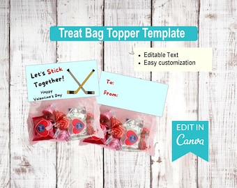 Let's stick together - Hockey - Valentines Day | Editable Treat Bag Top Templates | Canva Editable