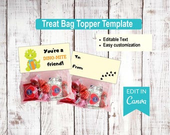 You're a Dino-mite Friend - dinosaurs - Valentines Day | Editable Treat Bag Top Templates | Canva Editable