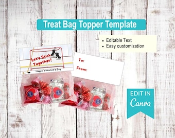 Let's stick together - Hockey - Valentines Day | Editable Treat Bag Top Templates | Canva Editable