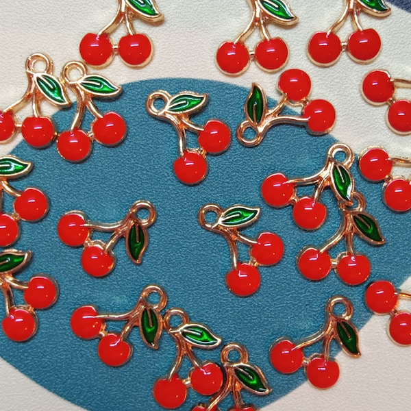 20 Small Double Red Cherry Charms - Pendants  - DIY -  Jewelry making #119