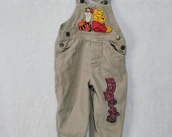 Vtg Winnie the Pooh 2T Tan Corduroy Overalls Buddies Tigger Cotton L