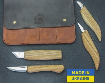 Basic Wood Carving Set of 4 Knives in a Leather Tool Roll BeaverCraft S63