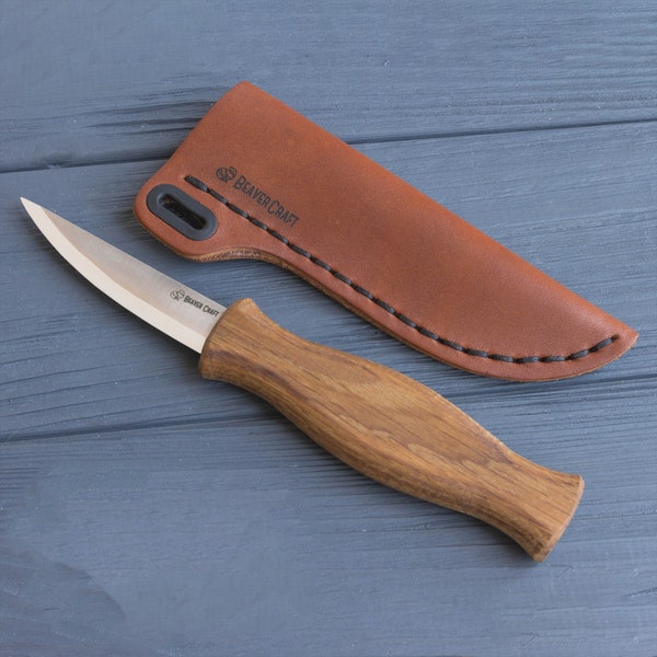 Carving Knife, Whittling Knife, Wood Carving Knife with a Leather Knife Sheath BeaverCraft C4 + SH1