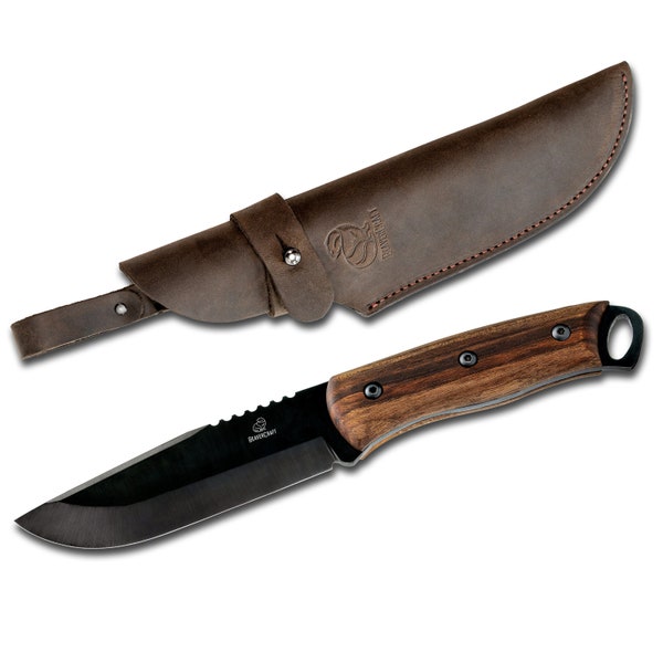 Bushcraft Knife with Leather Sheath Survival Knife Hunting Knife Camping Knife Walnut Handle and Carbon Steel BeaverCraft BSH4