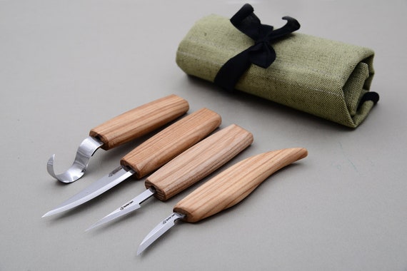 Spoon Carving Set of 4 Knives in Tool Roll Wood Carving Knives Kuksa  Carving Woodcarving Set Spoon Carving Tools Set Beavercraft S09 
