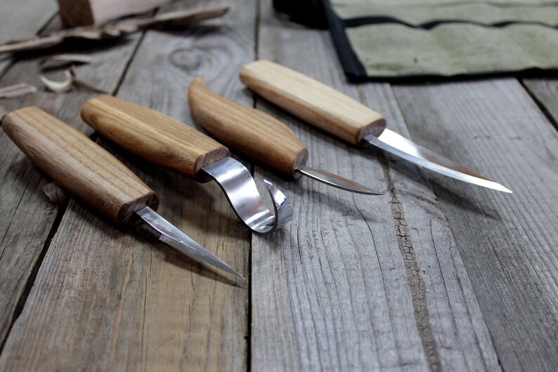 Spoon Carving Set of 4 Knives in Tool Roll Wood Carving Knives Etsy
