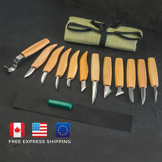 Wood Carving Set of 12 Knives in Tool Roll BEST SET of Woodcarving Tools  Gift Set of Carving Knives Wood Carving Tools Beavercraft S10 