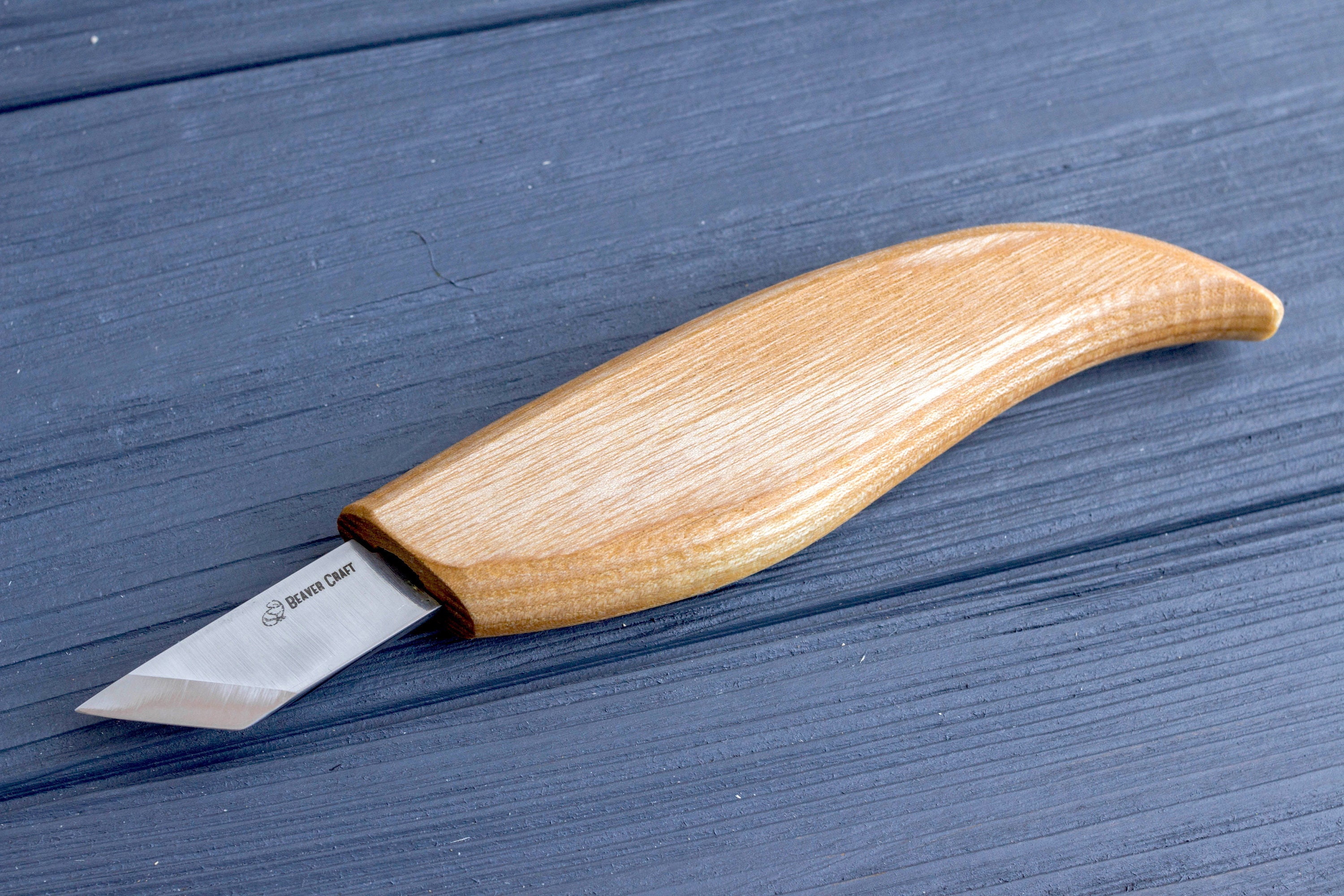 Wood Carving Knife, Long wide blade, Skew edge, Hornbeam handle