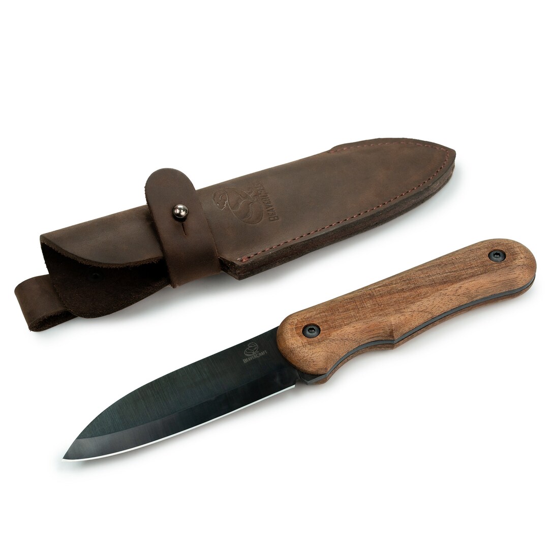 Bushcraft Knife With Leather Sheath Survival Knife Camping Knife Walnut