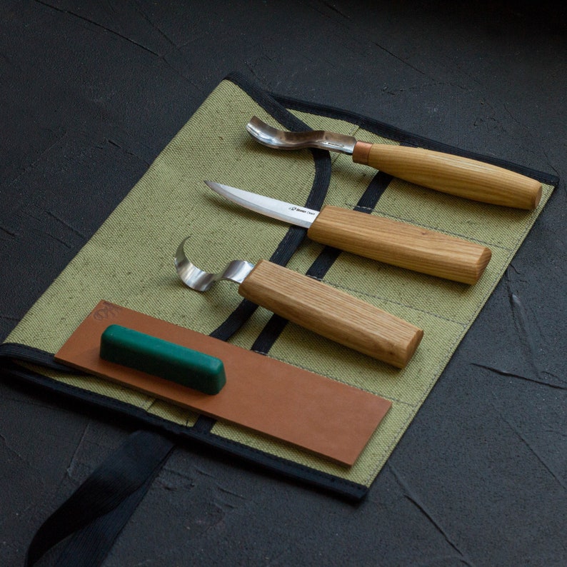Spoon and Kuksa Carving Set with Knives Bent Gouge Tool Roll Etsy