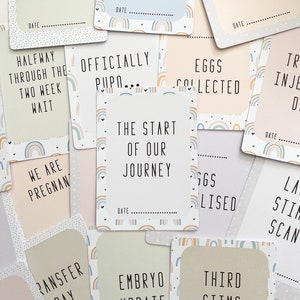 May include: A set of cards with rainbow designs and text related to IVF treatment. The cards include phrases like "Egg Collection Day", "Officially PUPO", "The Start of Our Journey", "Transfer Day", "Embryo Update", and "Third STIMS Scan".