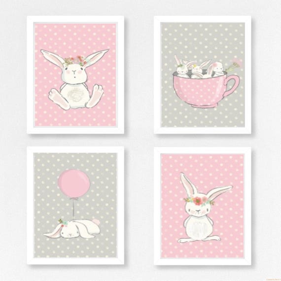 Pink And Grey Bunny Nursery Prints Set 4 Unframed Etsy