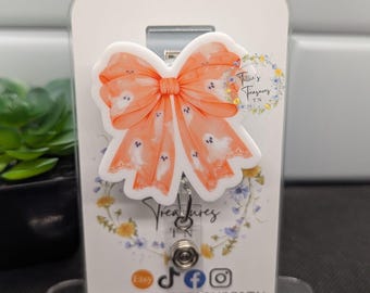 Halloween Orange Ghost Coquette Bow Badge Reel Interchangeable Acrylic ID Holder | Cute Nurse & Teacher Badge Reel