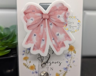 Halloween Ghost Coquette Bow Badge Reel – Pastel Pink Ghost Bow Interchangeable Acrylic ID Holder | Cute Nurse & Teacher Badge Reel