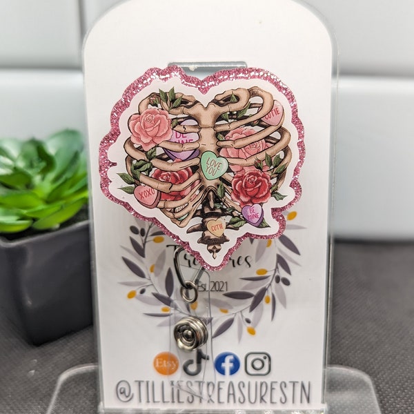 Skeleton Valentine's Day badge reel, Interchangeable velcro Badge Reel, nursing badge reel, Ortho badge reel