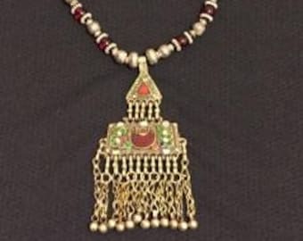 Kuchi pendant with red glass tribal necklace