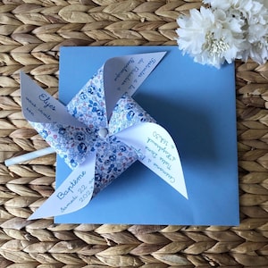 Faire-part moulin à vent liberty bleu | Baptême, mariage, communion, plusieurs liberty disponibles