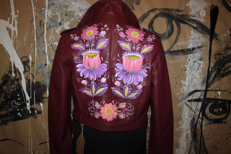 Jacket Leather Jacket Crochet Jacket With Hand Painted Wedding Etsy