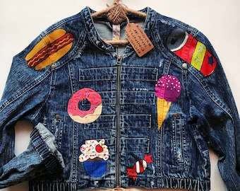 hand painted denim jacket with painting jacket with art work on it art on denim jean jacket with art pop-art wearable art gifts for her Food