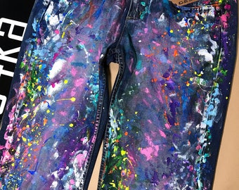 Pants blotches gift for cristmas Spray paint Paint Splatter Jeans festival clothing Hand Painted Paint splash Jeans in paint torn jeans art