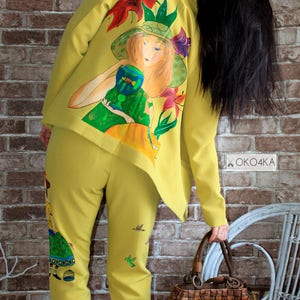 Stylish set art costume with hand painted jacket with a picture Women&#39;s costume Drawing on jacket Wearable art Hand-painted clothing birds