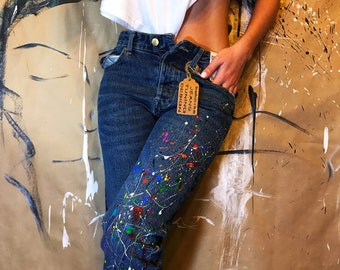 Verfspatten jeans Spuitverfkleding Blots jeans Spuitverf Verfspatten Jeans festivalkleding Boho-jeans Art jeans Wearable art
