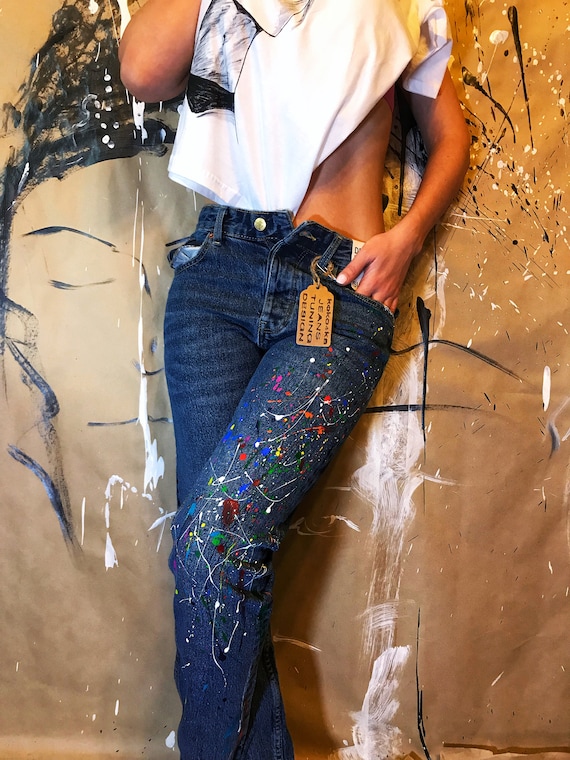 Ampère Vlucht Heerlijk Verf splatter Jeans Spray verf kleding Blots jeans Spuitverf - Etsy  Nederland