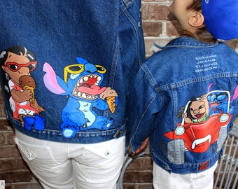 Hand painted denim Jacket with painting Jacket with art work on it Art on denim Denim jean Jacket with art pop-art Family Look Mom and child