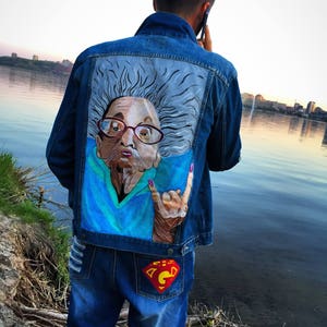 Hand painted denim jacket Jacket with painting Jacket with art work on it Art on denim Denim jean Jacket with art pop-art Summer art Drawing image 2