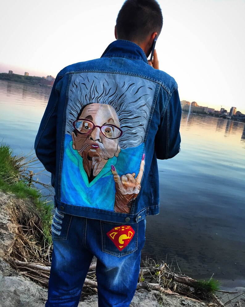 Hand painted denim jacket Jacket with painting Jacket with art work on it Art on denim Denim jean Jacket with art pop-art Summer art Drawing image 2