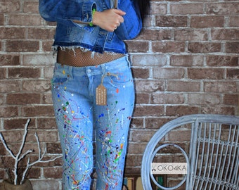 Verfspatten jeans Spuitverfkleding Blots jeans Spuitverf Verfspatten Jeans festivalkleding Boho-jeans Art jeans Wearable art