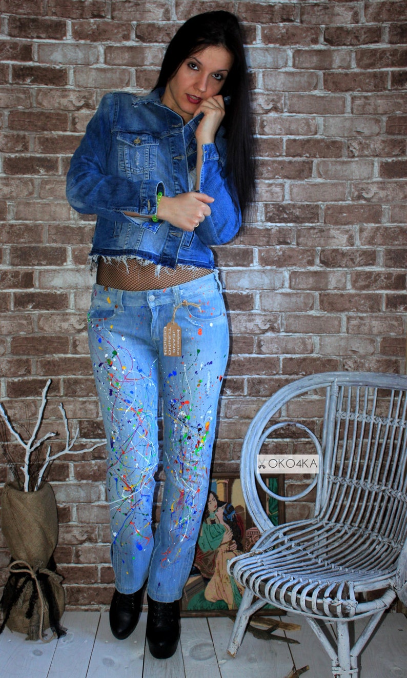 Paint Splatter Jeans Spray Paint Clothing Blots Jeans Spray Etsy