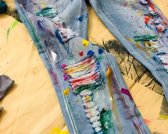 Pants blotches gift for cristmas Spray paint Paint Splatter Jeans festival clothing Hand Painted Paint splash Jeans in paint torn jeans art