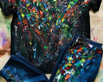 Pants blotches gift for cristmas Spray paint Paint Splatter Jeans festival clothing Hand Painted Paint splash Jeans in paint torn jeans art