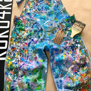 Blots on jeans Spray paint Paint Splatter Jeans festival clothing Hand Painted Paint splash spray overalls Jeans in paint Exclusive art
