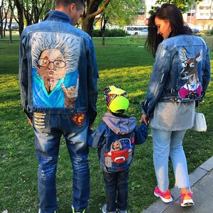 Hand painted denim jacket Jacket art work on it Art on denim Denim jean Jacket with art pop-art Family Look Mom and child family clothes