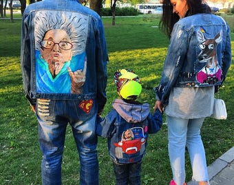 Hand painted denim jacket Jacket art work on it Art on denim Denim jean Jacket with art pop-art Family Look Mom and child family clothes