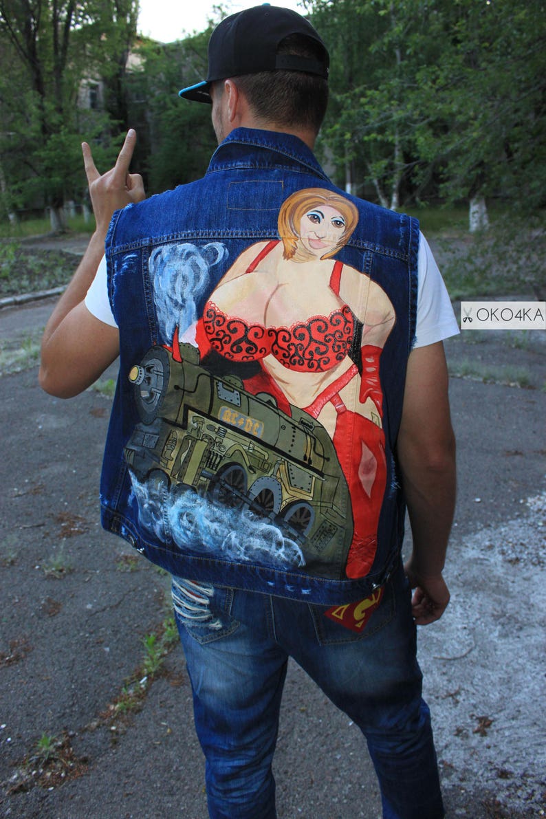 Hand painted rock jacket rockabilly jacket denim Jacket with painting clothing jacket /& coats 80s denim jacket jean rock Biker jacket