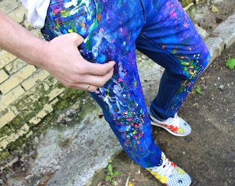 Men's jeans gift for him Spray paint Paint Splatter Jeans festival clothing Hand Painted Paint splash Jeans in paint torn jeans art boho