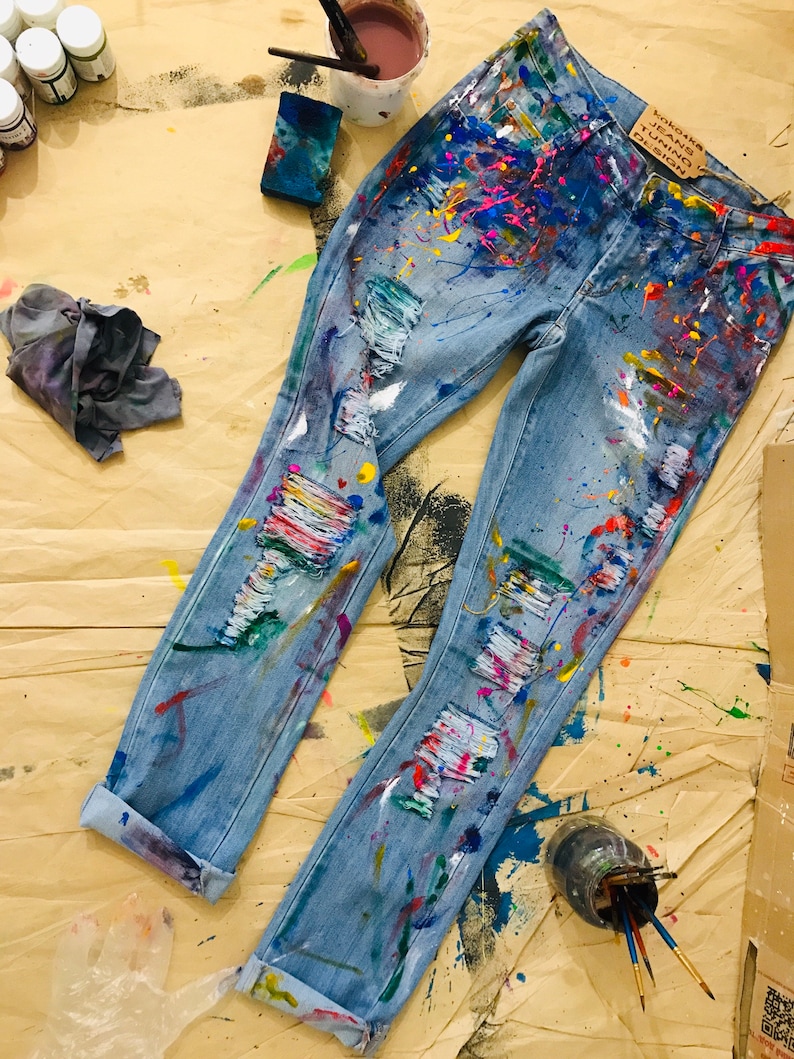 Paint Splatter Jeans Spray Paint Clothing Blots Jeans Spray Etsy