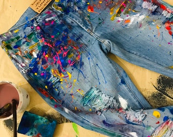 Pants blotches gift for cristmas Spray paint Paint Splatter Jeans festival clothing Hand Painted Paint splash Jeans in paint torn jeans art